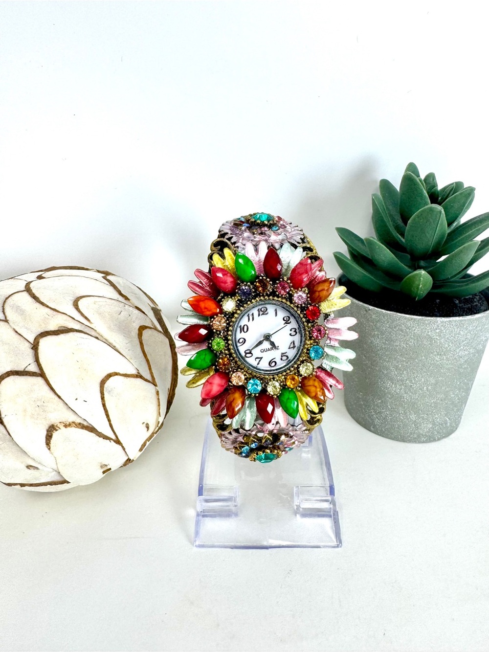 Working Retro Floral Multi-Color Rhinestone Cuff Statement Watch - New Battery